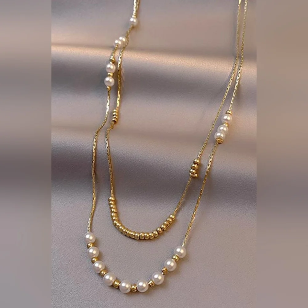 Elegant Pearl Multi Layer18k Gold Non-Tarnish Stainless Steel Necklace - Picture 3 of 4
